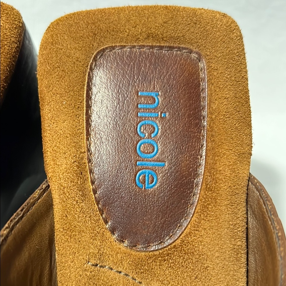 Nicole Sheila Brown Leather Wooden Clog Women's Size 8 Studded Boho Chunky Heel - Picture 14 of 15